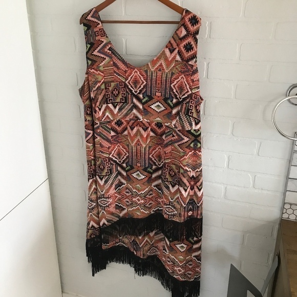 mblm Swing Dress Fringe Southwestern print Native Wrap Orange Black 4X - Picture 2 of 8